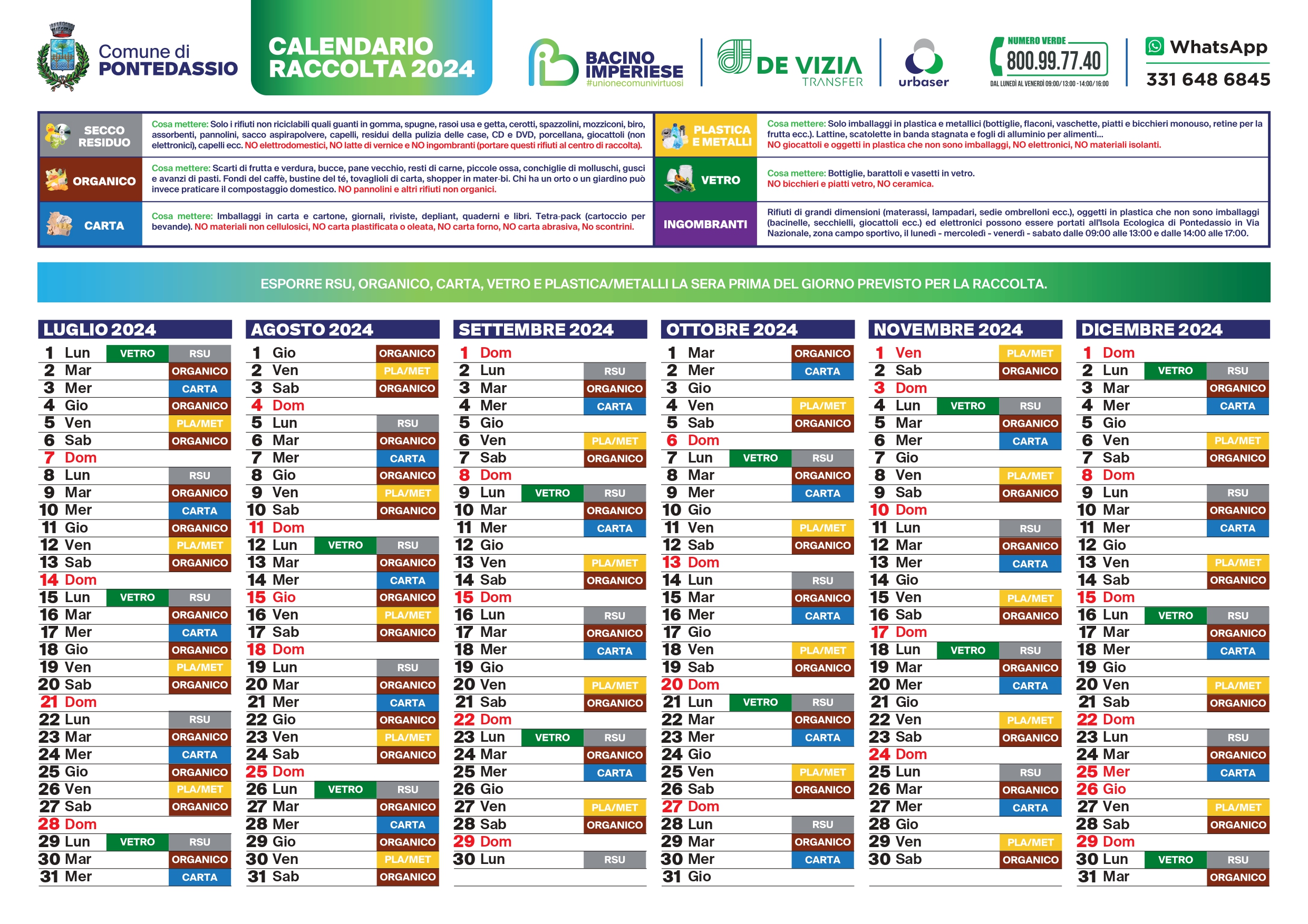 Calendario aggiornato raccolta rifiuti